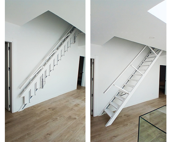 si tienes poco espacio para colocar una escalera piensa en poner una escalera articulada. segura, estética y con barandilla incluida